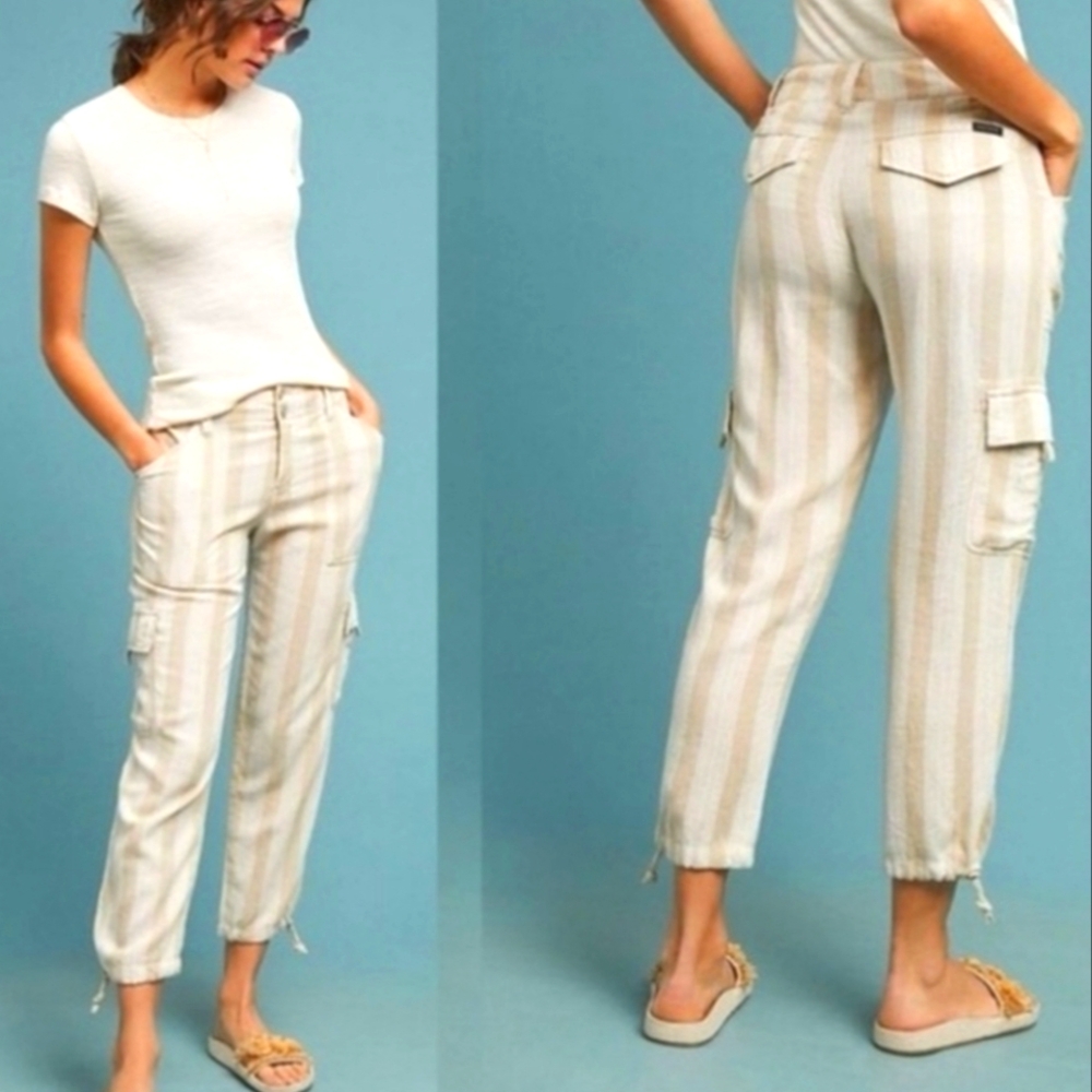 Anthropologie x Sanctuary Striped Linen Terrain Cropped Utility Pants, Sz 27